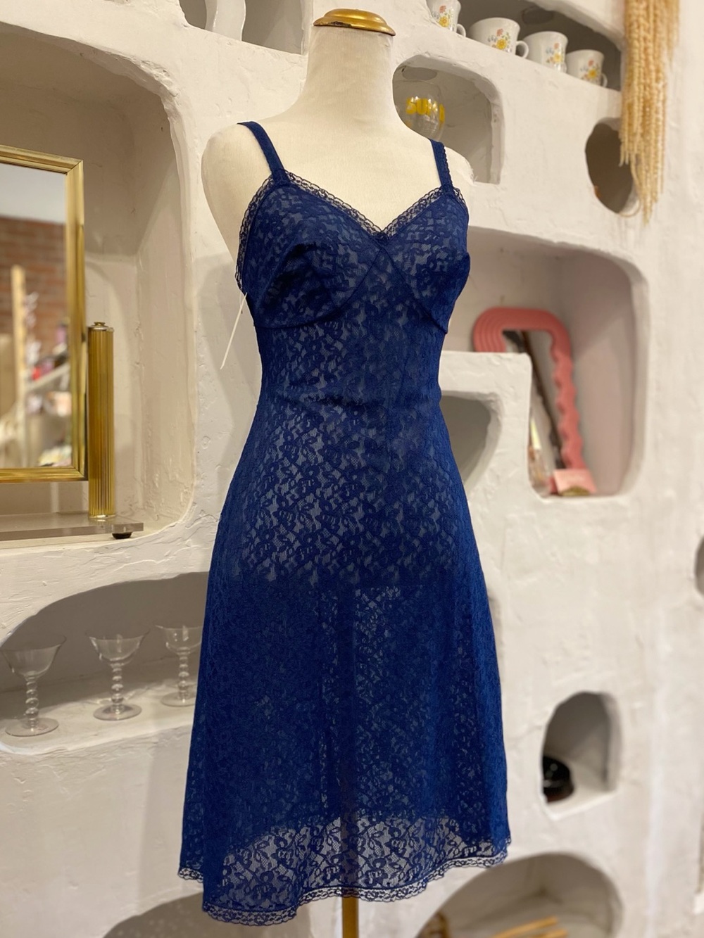 Vintage Knee Length Sheer Navy Blue Lace Sleeveless Lingerie Slip Dress